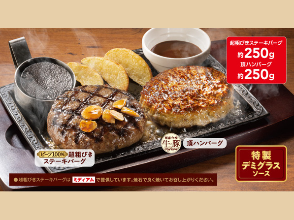 合盛りハンバーグ（約250g×2）
（ビーフ100％超粗びきステーキバーグ＆頂ハンバーグ）
