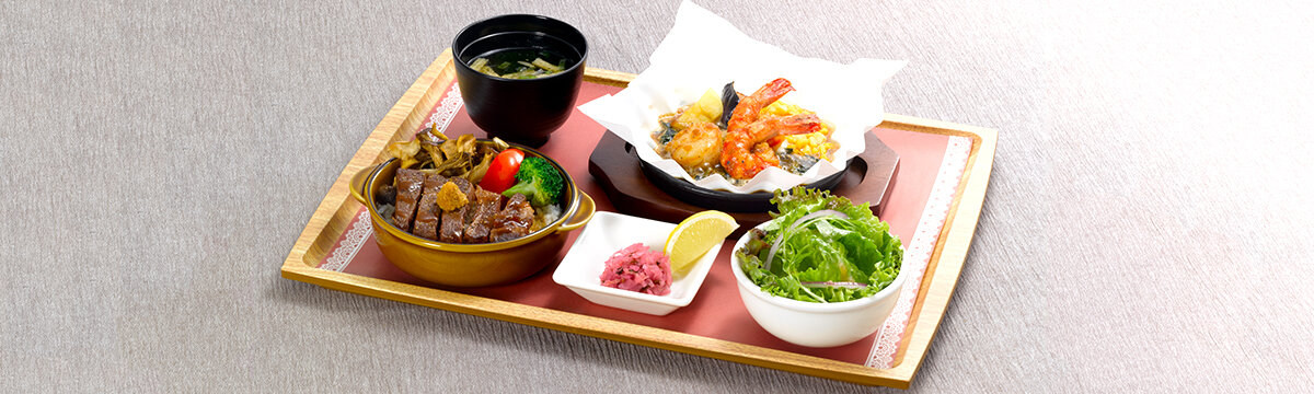 黒毛和牛ステーキご飯＆海老と帆立のあつあつグリル（サラダ・味噌汁・漬物付）