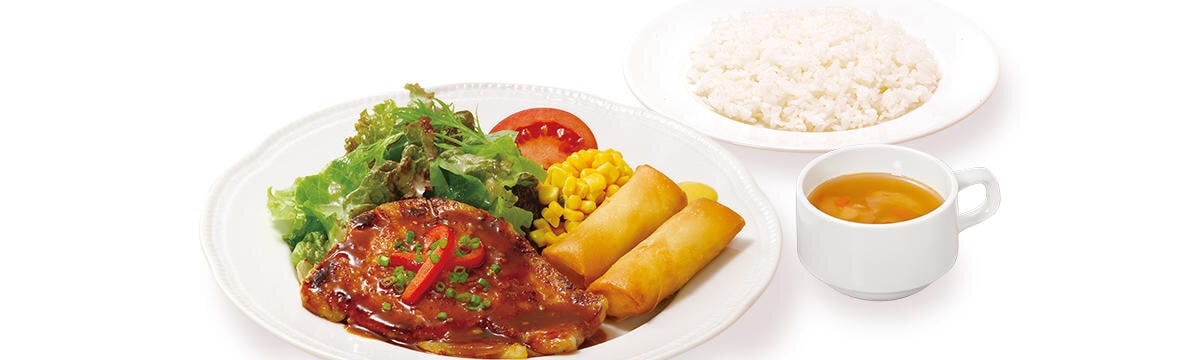 （月・火）国産豚のグリル特製焼肉ソース＆春巻ランチ（スープ・ライス付）