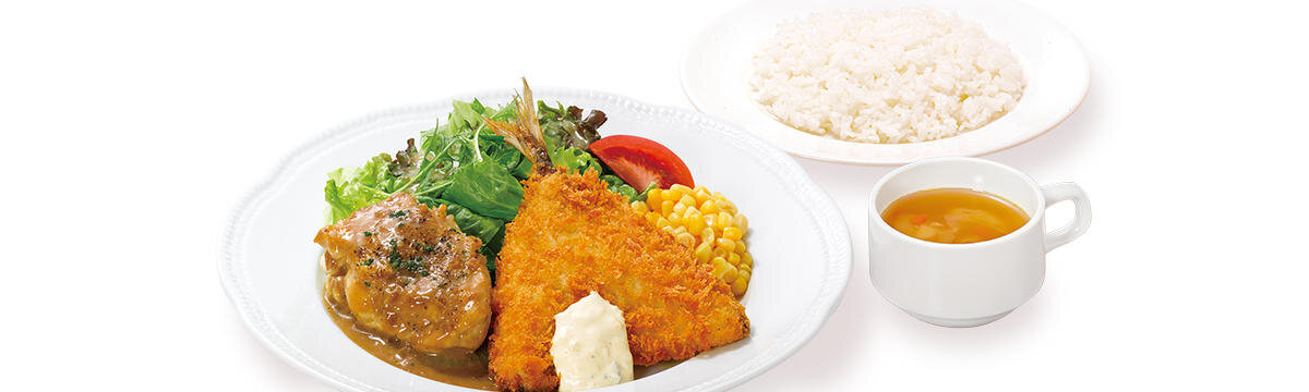（水・木）チキンのクリーミーガーリックソース＆アジフライランチ（スープ・ライス付）