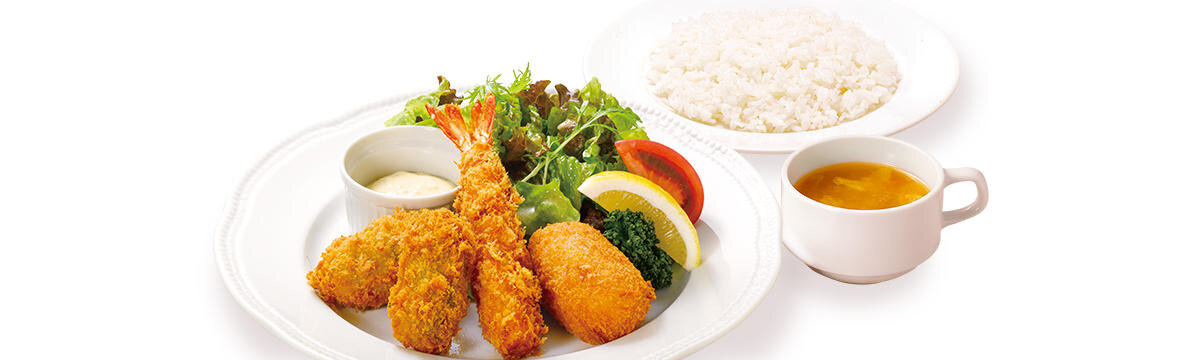 ミックスフライランチ ~牡蠣フライ・天然海老フライ・紅ずわい蟹のクリームコロッケ~(スープ・ライス付)