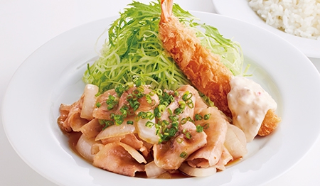 豚肉の甘辛炒め＆えびフライ