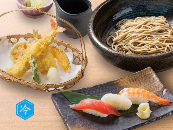 海老天ぷら冷やしそば［冷］と寿司三貫セット