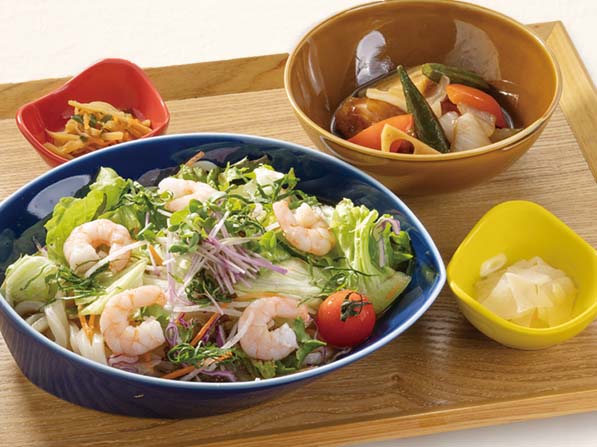 紫蘇香る胡麻だれ海老サラダうどんとまろやか香酢チキン