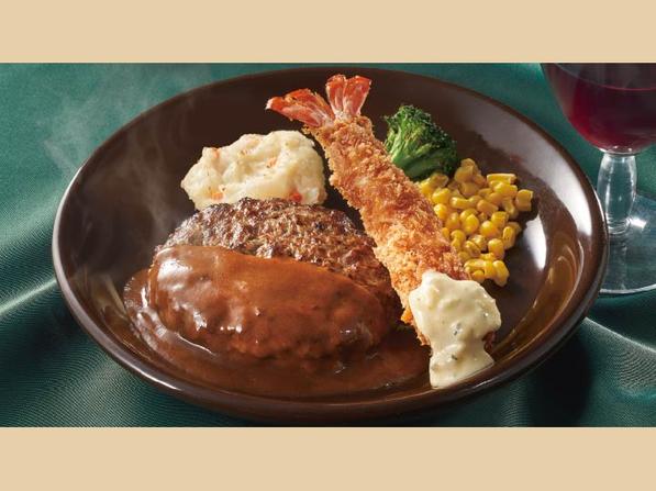 北海道産牛100％ハンバーグデミグラスソース
＆ブラックタイガー海老フライ